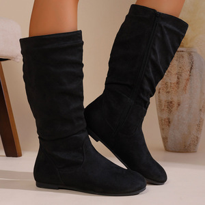 Plus Size Mid-Calf Boots Women Autumn Winter New Slip-On Pleated Slouch <b>Flat</b> Pu Upper Rubber Outsole Solid Round <b>Toe</b> Shoes - Product Image 4
