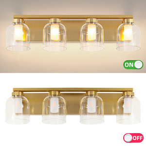 Lámpara de pared LED E26 moderna de latón dorado con pantallas de cristal transparente para baño, uso interior, 2700K, blanco cálido - Product Image 5