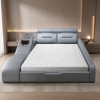 Lit Moderne de Luxe en Cuir Rembourré avec Haut-parleur Bluetooth, Massage Cervical, Cadre en Bois Durable et Design Compact