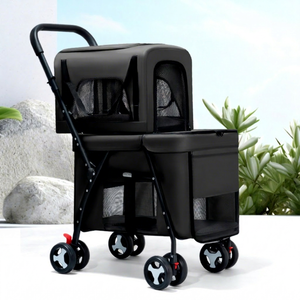 รถเข็นสัตว์เลี้ยงสีดำ 4 ล้อ ตาข่ายระบายอากาศ พับได้ สำหรับสุนัข ใช้ได้ทุกฤดู - Product Image 1