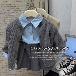 Cai Hong Xiao Ma Girls School Style Suit Knitted Vest Collar Shirt Pleated Skirt Spring Autumn Cotton Woolen Outfit - Product Image 1