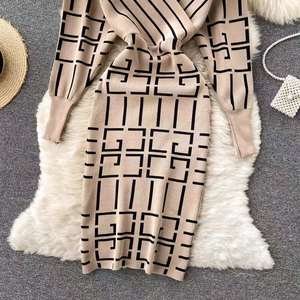 Robe midi en tricot slim <span class=keywords><strong>style</strong></span> américain pour femmes, robes à imprimé géométrique en dentelle, robes élégantes pour femmes, vêtements pour femmes - Product Image 4