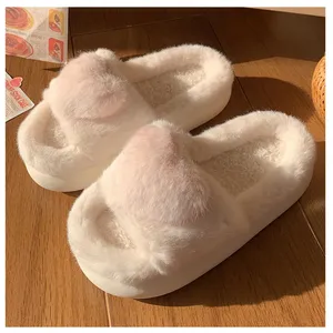 High Quality Indoor Fluffy Fur Heart Pattern Slippers Open Toe Slides Slippers