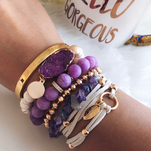 Perhiasan Bohemian Musim Panas Kustom, Batu Alam Lapis Druzy Agate Penyembuhan Kristal Susun Gelang Manik-manik <span class=keywords><strong>Set</strong></span> untuk Wanita - Product Image 4