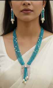 Ensemble de colliers élégants à plusieurs rangs avec perles bleues, perles de culture et gouttes de cristal pour les occasions festives et le quotidien - Product Image 2