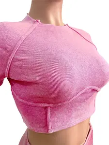 Top corto acanalado desgastado de algodón lavado ácido, pantalones de manga corta, conjunto de pantalón, conjunto informal de dos piezas para mujer, trajes de 2 piezas