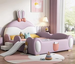 Camas Infantiles Modernas con Barandilla en Forma de Conejo, Cabecera Tapizada, Muebles para Dormitorio Infantil con Escaleras y Tobogán, Camas Completas para Niños - Product Image 5