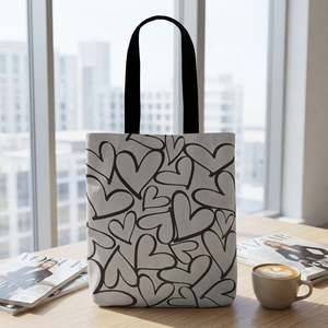 Sac fourre-tout en toile minimaliste à imprimé cœurs, motif cœurs en ligne noire, sac à bandoulière décontracté pour le shopping et l'usage quotidien - Product Image 1