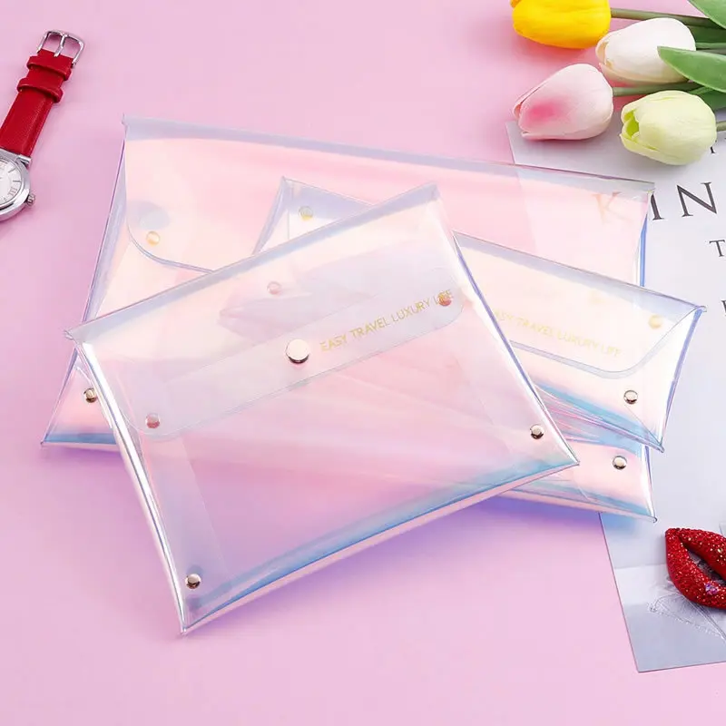 2020ファッションホログラムレーザーPVCクリア透明ボタンバッグ封筒防水フラップカバー化粧品ドキュメントギフトバッグポーチ