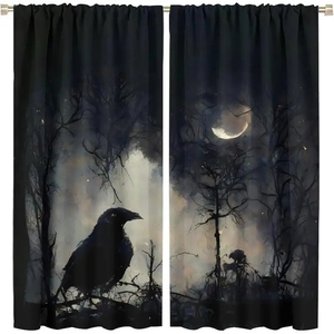 Rideau à deux panneaux personnalisable avec motif Trois Crânes Sages 'Ne voir, ne entendre, ne parler que du bien', noir, pour chambre à coucher et décoration intérieure - Product Image 2