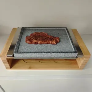 Natural Heatable Marble Lava Granite Tray Beef Steak Stone Plate with stainless steel and bamboo plate bbq Buffet Restaurant