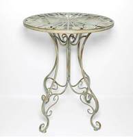 Ensemble table et chaises rondes en fer forgé de style campagnard français vintage, vert foncé vieilli, pour patio et jardin extérieur