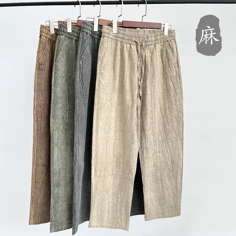 New Arrival Cool Mens Classic Trousers Khaki Color Side Pocket Trousers Flax Linen Fabric Man Pant Trouser