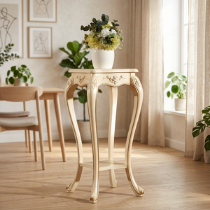 Antique Gold Hand-Carved Traditional Eco-Friendly Teak Wood Flower Stand Solid Wood Movable Home Furniture Decorative <b>Table</b> - Product Image 3
