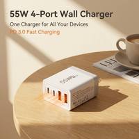 Cargador de Pared Portátil de 55W con 4 Puertos PD QC, Cargador Rápido Multidispositivo para iPhone, Teléfonos Android, Tabletas, Bloque de Energía