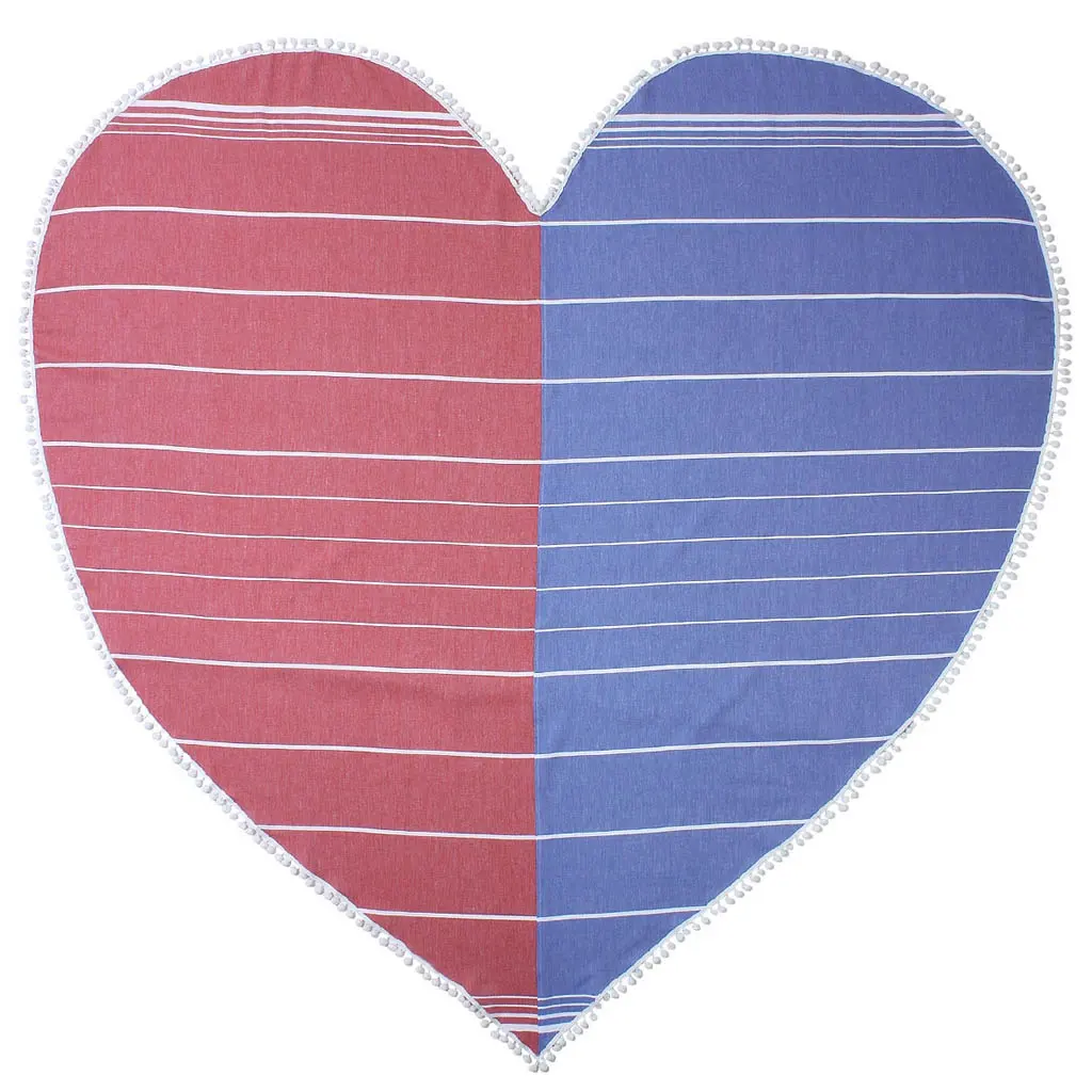 Roundie Towel with Hearth Shape Red and Blue Color Yoga Picnic Towel Blanket with Stripes Custom Roundie for Lovers %100 Cotton