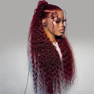 Vente en gros sans colle bordeaux vin rouge crépus bouclés cheveux humains dentelle frontale perruque vague d'eau tisse et perruques cheveux brésiliens péruviens - Product Image 2