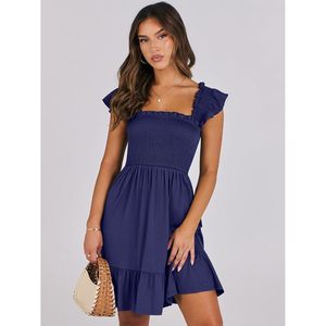FOXA Women's Summer Casual Sleeveless Square Neck <b>Dress</b> Smocked Ruffle Backless Boho Beach Short Sundress - Product Image 4