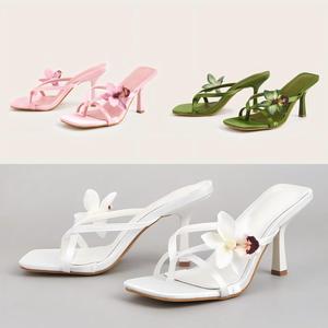 شبشب نسائي أخضر مربّع القدم CXX04 مع زهرة الأوركيد كعب قلاب للسيدات جديد ، شبشب - Product Image 6