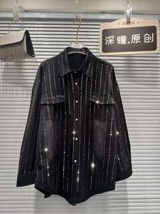 Camicie e camicette in Denim <span class=keywords><strong>Oversize</strong></span> con diamanti a righe di tendenza autunno 2025 abbigliamento <span class=keywords><strong>donna</strong></span> ampia giacca Casual in Denim - Product Image 3