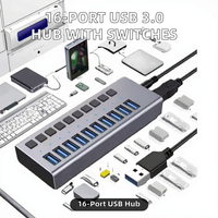 16 Port Powered USB 3.0 Hub Aluminium Alloy Multiport Splitter Sakelar Individual Adaptor 12V 7.5A untuk PC