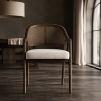 Fauteuil de salle à manger moderne du milieu du siècle, dossier en rotin, structure en bois foncé, assise rembourrée crème, pour hôtel, restaurant, villa