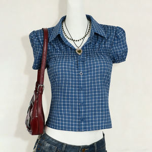 Camiseta a Cuadros Azul para Mujer, Manga Abullonada, Cuello Cardigan, Corte Ajustado, Estilo Atractivo, Camisa con Parches - Product Image 6