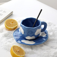 Trianglelyi-tasse à main irrégulière, tasse et soucoupe en métal coloré, bleu ciel et blanc