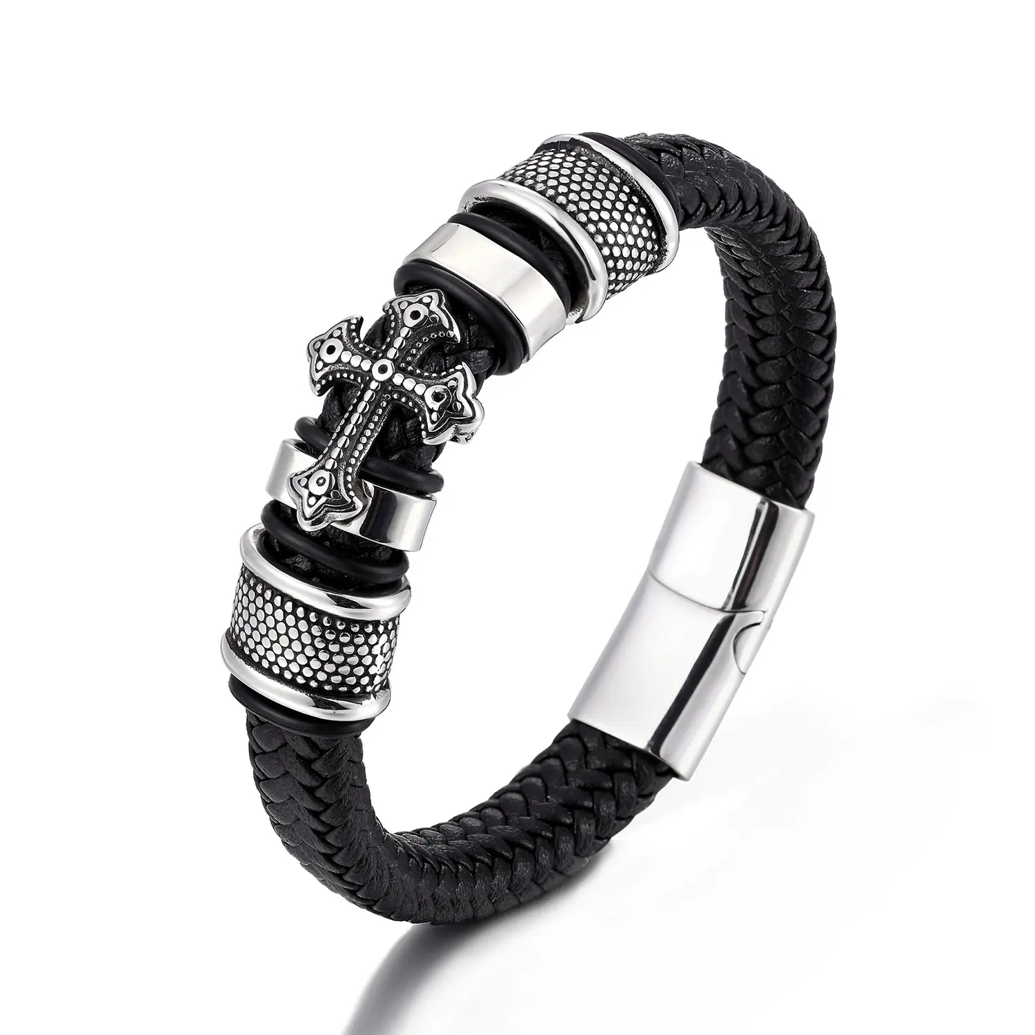 simple boy men cross designer leather braided stainless steel cross bracelet fashion popular titanium jewelry