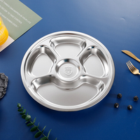 Assiette ronde à 5 compartiments en acier inoxydable 304 poli, moderne, écologique, durable, de qualité alimentaire, à motif uni, pour restaurants