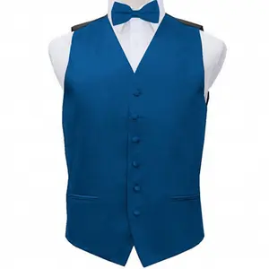 새로운 디자인 코튼 블렌드 싱글 브레스트 페이즐리 나비 넥타이 양복 조끼 정장 웨딩 블루 양복 조끼 남성