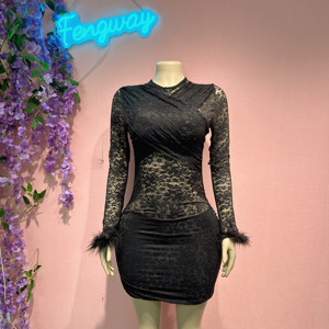 Nouvelle Robe Droite Sexy pour Femme 2026, Longueur Genou, Unie, avec Manches en Dentelle Transparente et Fourrure - Product Image 1