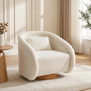 Poltrona Girevole Moderna in Tessuto Teddy <span class=keywords><strong>Beige</strong></span>, Rotonda a 360 Gradi, con Seduta Imbottita e Base in Legno per Salotti Accoglienti - Product Image 2