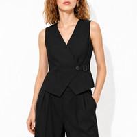 Veste sans manches en polyester, rayonne et élasthanne pour femme, style universitaire, écologique, coupe-vent, col en V profond, fluide, pour le bureau