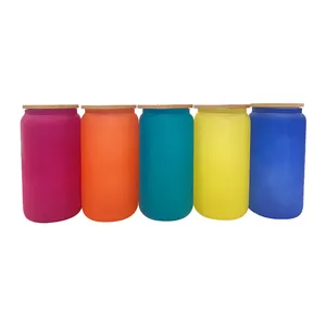 USA WAREHOUSE 16oz frosted cold color changing Sublimation Beer Can Shaped Glass With Bamboo Lid And Straw