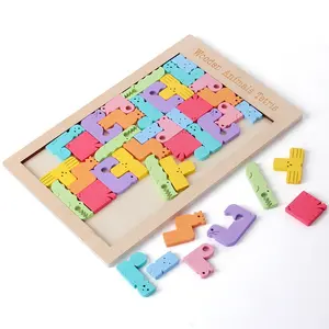 Jigsaw Puzzle Mainan Anak Warna-warni, Gambar Kartun Hewan Montesspri Kayu 3D