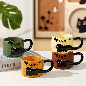 Wholesale Embossed Little Black cat Mugs Creative Cute Ceramic <b>Cups</b> Stacked <b>Cups</b> Milk Coffee Breakfast <b>Cups</b> - Product Image 2