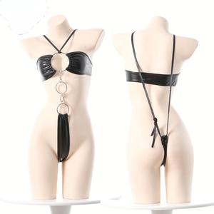 Ensemble de lingerie sexy en cuir PU, bralette effet mouillé, mini-jupe, tenue de boîte de nuit, style fétiche, vêtements de club, accessoire de danse exotique, taille plus - Product Image 1