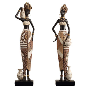 African Tribal Woman Figurine 2Pcs Geometric Pattern Bohemian Style Living Room Decoration Synthetic <b>Resins</b> Ornament - Product Image 5