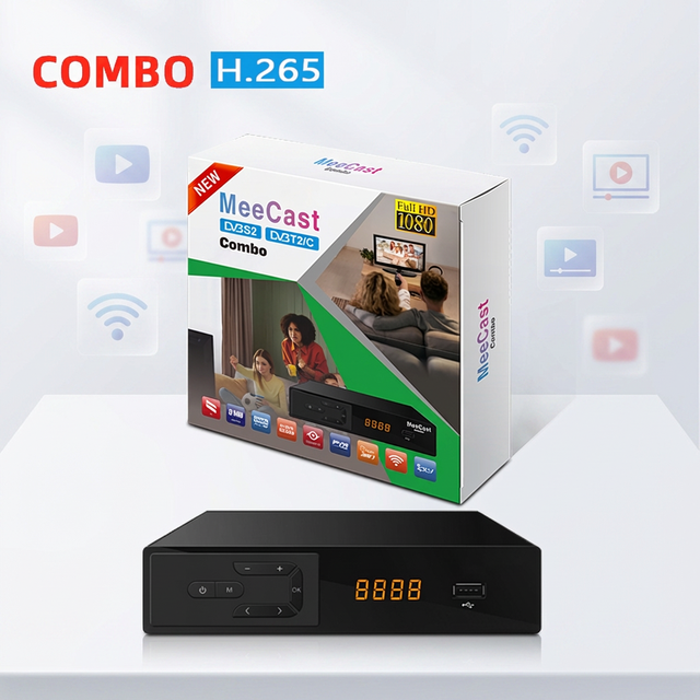 DVB-S2/T2/C Satellite TV Receiver IP TV Combo Settop Box with ECOS OS BISS/Powervu Free Air Decoder H.265/HEVC 1080P CAS Decoder