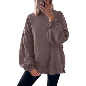 FOXA Sweat-shirt oversize pour femme, col rond, épaules tombantes, fentes latérales, pull ample en coton et fibre de bambou tricoté respirant - Product Image 1