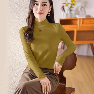 Women's Long Sleeve Turtleneck <b>Top</b> Mustard Yellow Soft Viscose Knit Base <b>Layer</b> Autumn Winter Inner Wear - Product Image 1