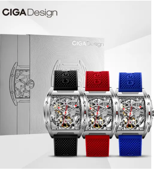 CIGA นาฬิกาซีรีย์ Z สำหรับผู้ชาย,นาฬิกากันน้ำกลไกอัตโนมัติแบบกลวงสองด้านทรงถัง