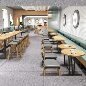 Ensemble de mobilier de café nordique élégant, table ronde en bois et banquettes vert menthe pour bistro urbain - Product Image 1