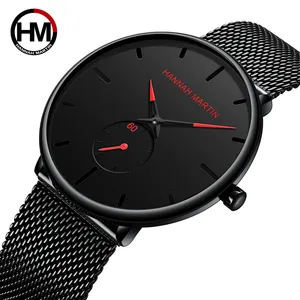Hannah Martin Mens Luxe Zwarte Minimalistische Armband Horloges Hot Koop Rvs Mesh Band Quartz Analoge Horloges