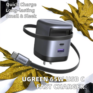 Para <span class=keywords><strong>UGREEN</strong></span> Cargador de Pared <span class=keywords><strong>GaN</strong></span> de <span class=keywords><strong>65W</strong></span> con Cable USB C Retráctil Integrado, Carga Rápida, Compatible con iPhone, Laptop, PD - Product Image 2