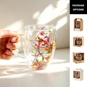 Tazas de Café Latte con Flores Secas Reales, Tazas de Espresso de Vidrio Transparente de Doble Pared, Cristalería con Asa - Product Image 1
