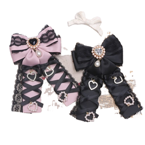 Barrettes à cheveux décoratives pour femmes Jirai Kei, avec nœud en satin double couche orné de strass, ruban en dentelle noire délicat en forme de cœur - Product Image 1