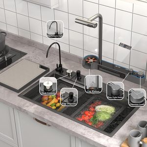 Évier de cuisine rectangulaire en acier inoxydable 304 <span class=keywords><strong>noir</strong></span>, à encastrer, fait main, intelligent, multifonction, avec cascade, pour usage domestique - Product Image 2