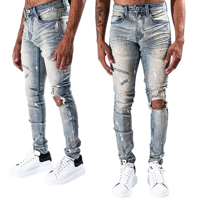 Oem Nieuwe Stijl Splash Inkt Mannen Jeans Broek Private Label Skinny Jeans Mannen